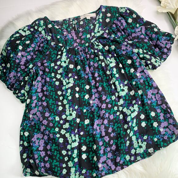 Loft Ann Taylor Floral Shirred Yoke Top Black Green size Small office work - Picture 8 of 16